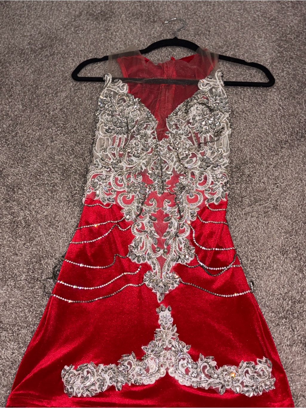 Red Embellished Evening Dress With Silver Appliqu